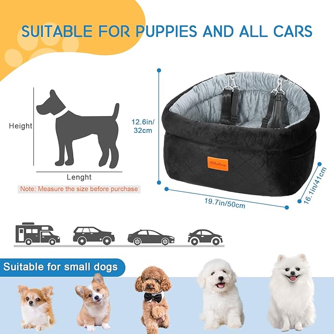 Cozy Dog Car Seat for Small Dogs Up to 30lbs, Elevated Memory Foam Booster Seat, Pet Travel Bed with Washable Removable Cover & Storage Pockets (Gray)