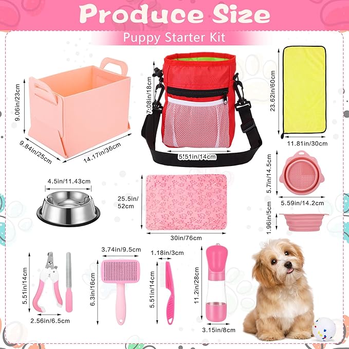65 Pcs Puppy Supplies Starter Kit Small Dog Essentials Includes Dog Leash, Toys, Bowl, Brushes, Water Bottles, pet Blankets Puppy Accessories for New Welcome Gift Supplies(Cute,Pink)
