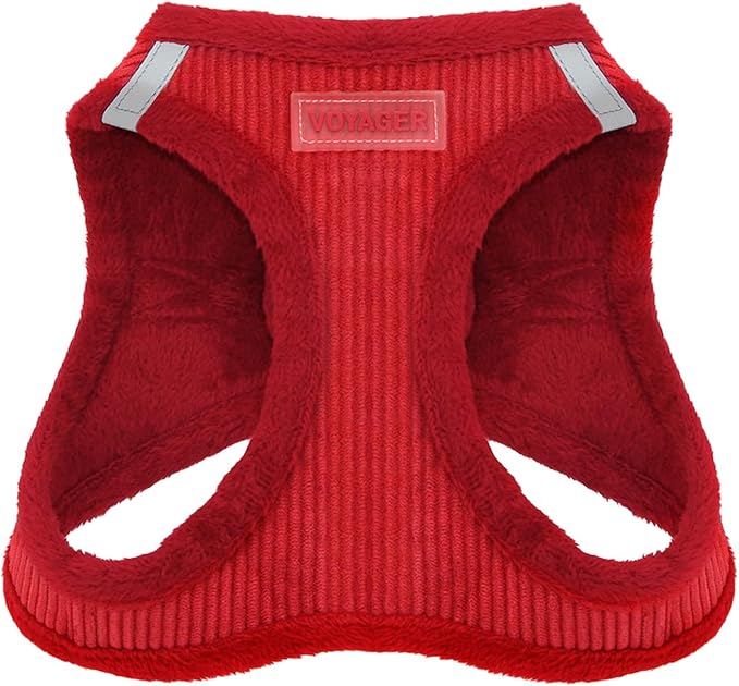 Best Pet Supplies - All Weather Mesh/Plush, Reflective, No Pull Harness for Small, Medium Dogs, Cats - Secure with Hook & Loop Fastener, Buckle, Double D-Rings - Red Corduroy, L