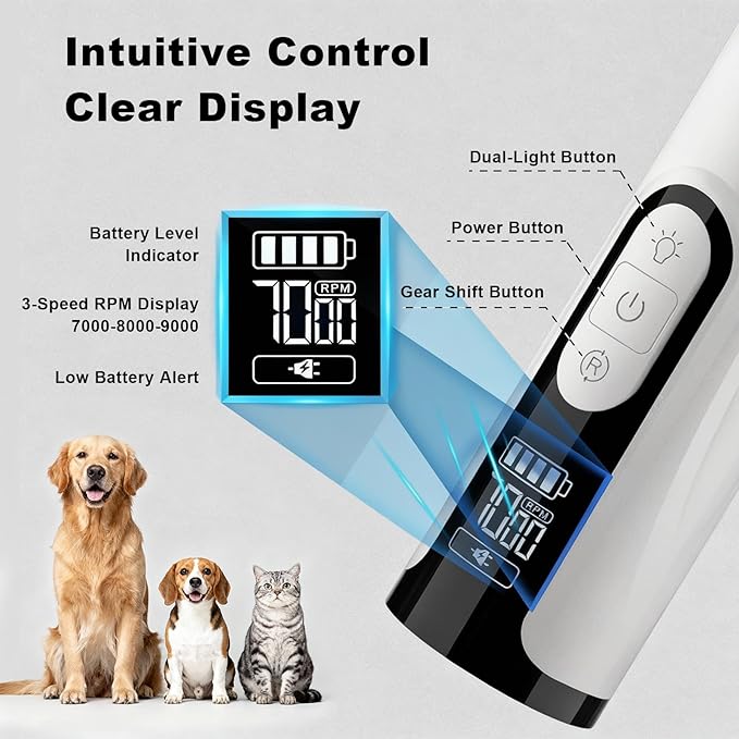 Silent Groom Pro, Dog Nail Grinder with LED Light, 3-Speed 7000-9000 RPM, 4 Diamond Bits & Adjustable Guard, Quick Blood Vessel Viewer, Safe Grinding for Dogs, Cats