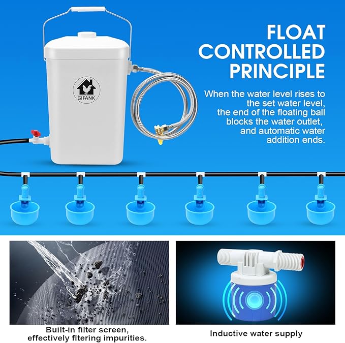 Automatic Chicken Waterer Float Controlled, 3 Gallons Poultry Waterer Dispenser with Hose Attachment, Poultry Automatic Drinking Accessories for Chicks, Duck, Goose, Turkey