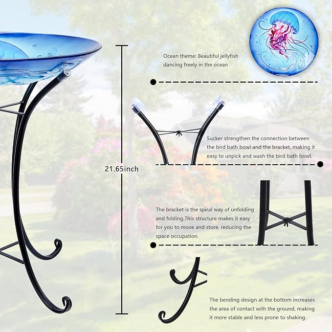MUMTOP Bird Baths for Outdoors, Jellyfish Glass Large Bird Bath Bowl with Metal Stand, Bird Feeders for Outside and Garden, Patio,Lawn Decor (Blue)