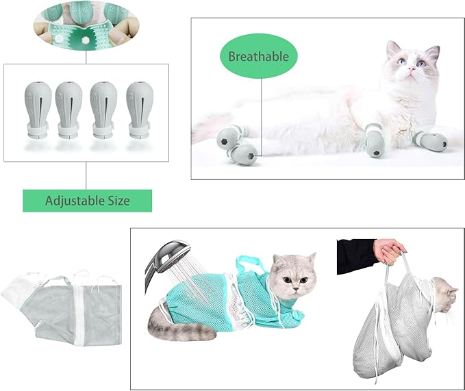 Anti-Scratch Silicone cat Shoes,Cat Claw Covers,Adjustable Multifunctional Anti-Bite Shower net Bag，Cat Grooming Mesh Bag,Cat Bathing Bag(Grey-2)