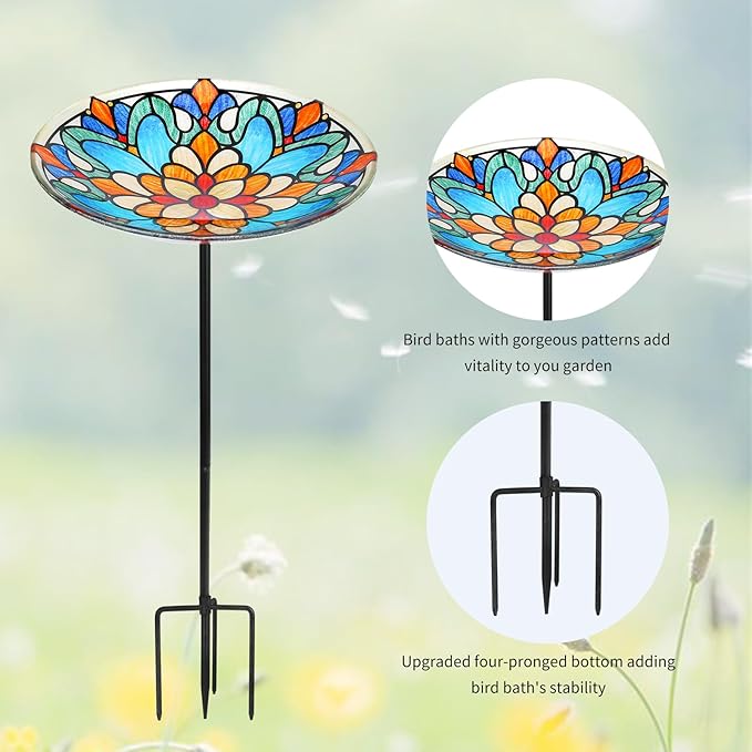 DREAM GARDEN Glass Bird Baths for Outdoors, Garden Birdbaths Birdfeeder 10" Dia Bowl with Metal Stake for Lawn Yard Decor, 24 Inch Height, Flower