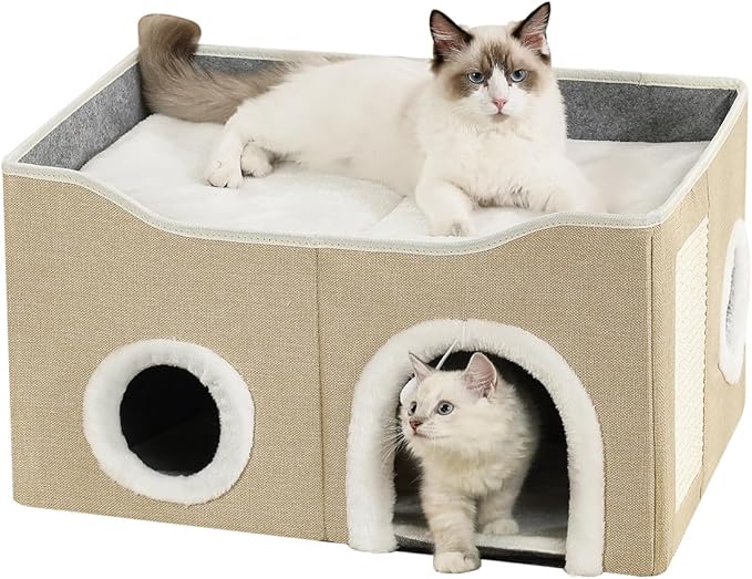 Large Cat Bed for Indoor Cats, Extra Wide Cat Cave House with Scratch Pad and Fluffy Ball, Foldable Cat Hideaway for Kitten Bed, Cat Condo for Cats (Khaki, X-Large)