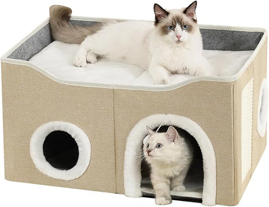 Large Cat Bed for Indoor Cats, Extra Wide Cat Cave House with Scratch Pad and Fluffy Ball, Foldable Cat Hideaway for Kitten Bed, Cat Condo for Cats (Khaki, X-Large)