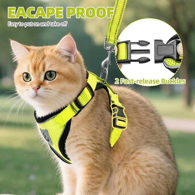 PUPTECK Cat Harness and Leash Set Escape Proof Reflective Cat Walking Harness Adjustable Soft Breathable Mesh Vest for Small Pets, Fluorescent Yellow, S