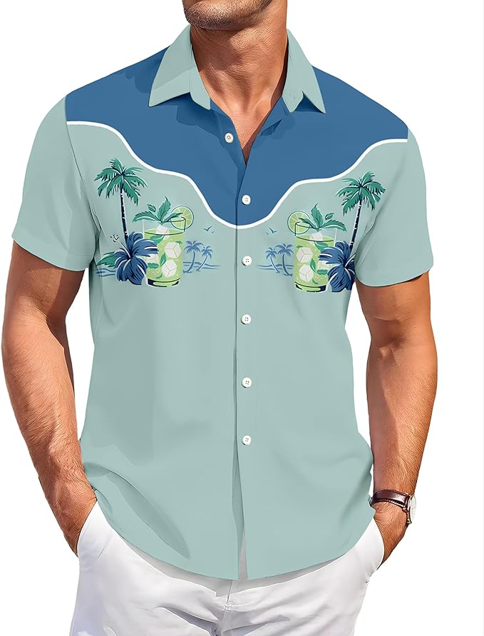 Men’s Hawaiian Shirt Western Cowboy Symmetrical Print Short Sleeve Button Down Casual Beach Holiday Summer Shirt