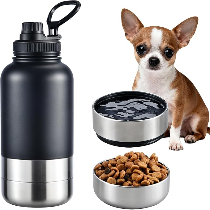 32oz Insulated Dog Water Bottle with 2 Bowls for Small Dogs