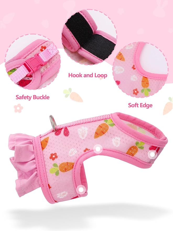 Rabbit Harness and Leash Set,Proof Walking Escape Cute Floral Mesh Vest Breathable Rabbit Costumes for Bunny, Hiking, Training for Ferret Kitten Puppy Small Animals Pink S