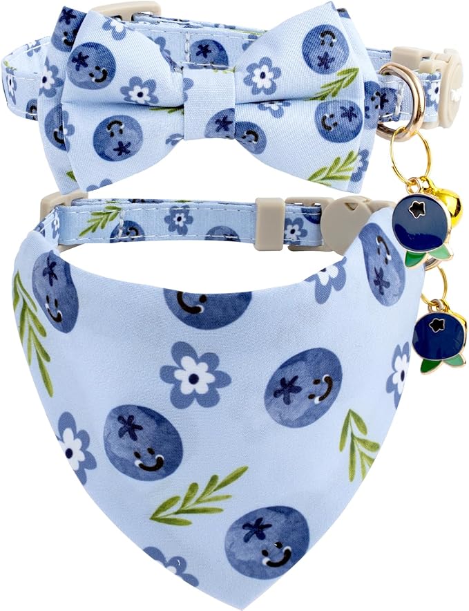 Faygarsle 2 Pack Blueberry Pattern Cat Collar Set with Bandana and Bow Tie, Light Blue, Breakaway Style with Bell