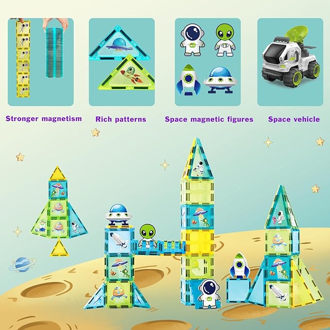 Magnetic Tiles Building Block Set Magnet Tiles Educational Toy Space Adventure Learning Construction Magnetic Toys Set Birthday Gift for Boys Girls Kids Age 3 4 5 6 7 8