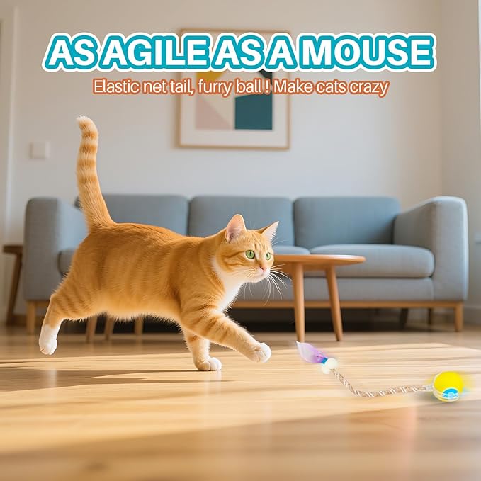 Interactive cat Toy cat Toys for Indoor Cats Agile Moving Cat Ball with Elastic Mesh Tail Automatic Kitten Toys Motion Activated Ball (Yellow)