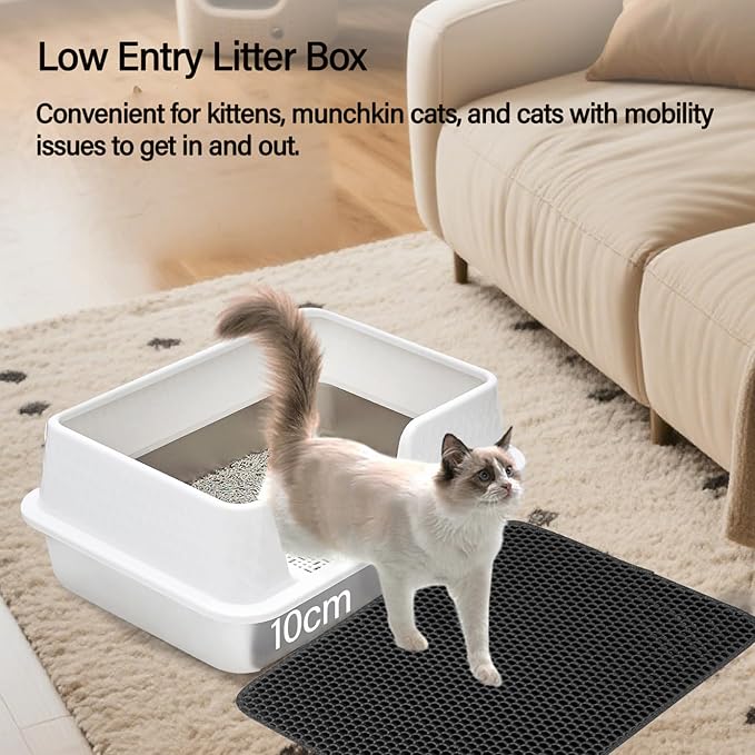 Medium Low Entry Enclosed Stainless Steel Cat Litter Box with lid Scoop and Pads Easy Clean Kitten Kitty White Metal Litter Box
