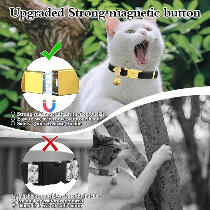 Personalized Breakaway Cat Collars - Magnetic Buckle, Bell - Safety Quick Release, Customized for Girls & Boys Cats- (Velvet-Black)