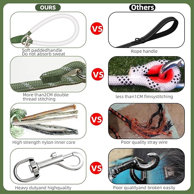 Nylon Dog Leash 6FT 10FT 20FT 30FT Diameter 2/5 Inch with Comfortable Silicone Handle Highly Reflective No Tangle for Medium Large Dogs Outside Walking Camping Backyard. (Green, 20FT)