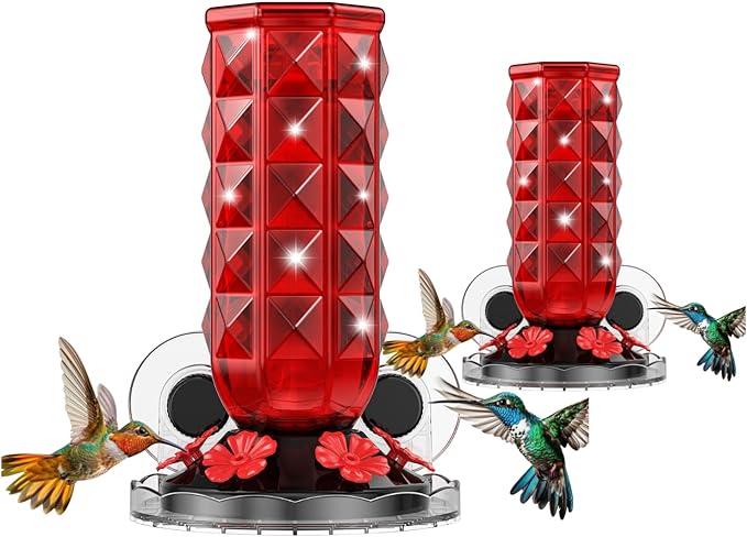 MrCrafts 2Pcs Window Hummingbird Feeder 16oz - Attract 8X More Hummingbirds with Red Diamond-Textured Glass, Ideal for Attracting Wild Birds Outdoor, Bird Watching Gift for Women & Nature Lovers