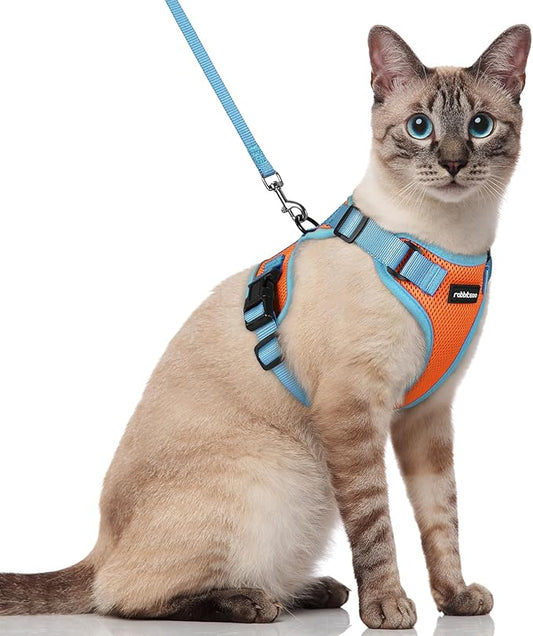 rabbitgoo Cat Harness and Leash Set, Escape Proof Soft Adjustable Vest Harnesses for Outdoor Walking, Easy Control Breathable Kitten Jacket with Reflective Strips, Orange & Light Blue, S