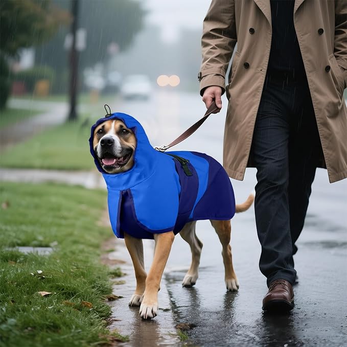 BRKURLEG Dog Raincoat Adjustable Dog Rain Jacket with Hood Dogs Waterproof Rainproof Jacket with Leash Hole Pet Poncho Rain Coat Poncho with Reflective Strip, Blue, XL