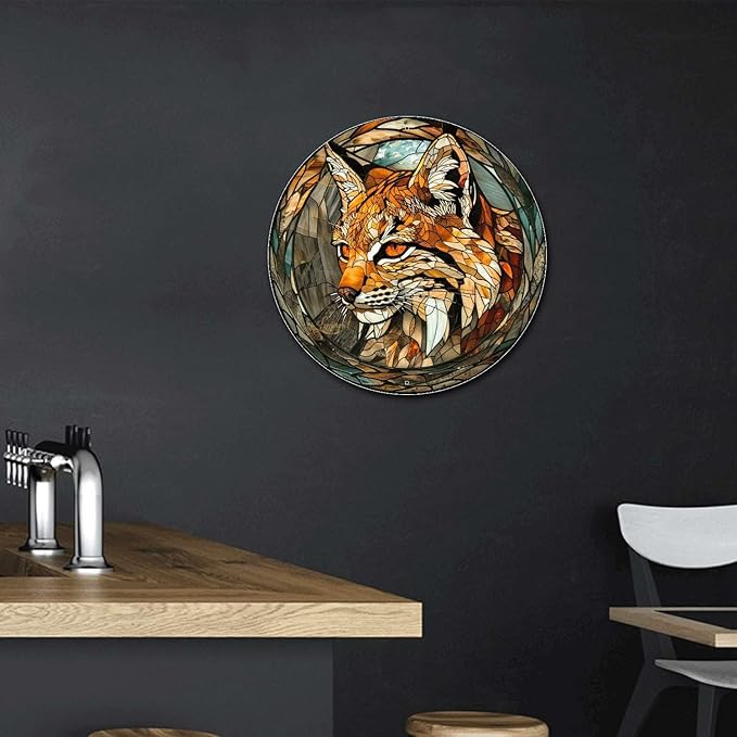 Lygond Metal Sign Tin Sign Circular Stained Glass Bobcat Funny Gardening Gift for Pet 12×12 Inches