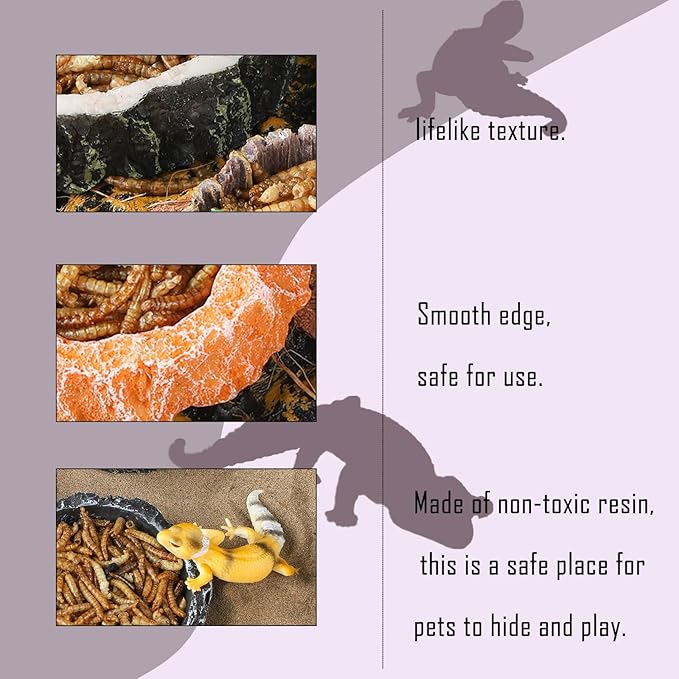 IBWell 2pcs Reptile Water Bowl with Feeding Tweezers - Food Dish for Lizard, Snake, Tortoise & Small Animals - Gray Tree Stump