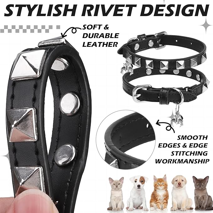 EXPAWLORER Halloween Leather Cat Collar - Adjustable Pet Collar with Rivet Spike for Girl Boy Cats, Punk Accessories with Bell & Durable D-Ring,Silver Square Nails