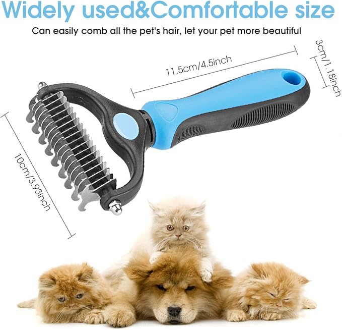 Pet Grooming Tool - 2 Sided Undercoat Rake for Cats and Dogs - Safe Dematting Comb for Easy Mats & Tangles Removing - No More Nasty Shedding and Flying Hair