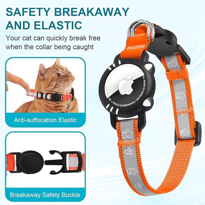 Airtag Cat Collar, Reflective Cat Collar with Apple Air Tag Holder, Breakaway GPS Tracker Pet Collar with Bell for Cat Kitten, Airtag Not Included, Orange, S(9-11 Inch)