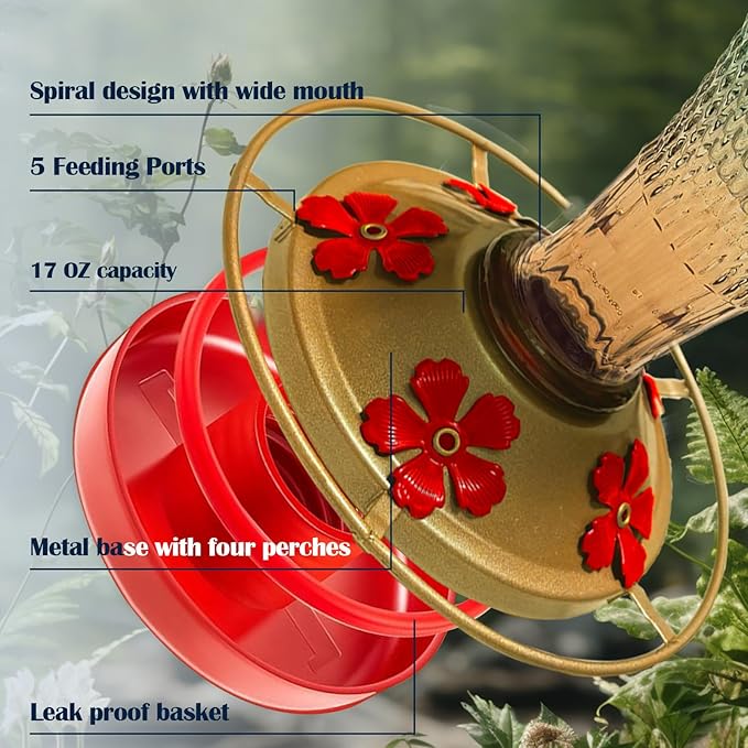Hummingbird Feeder for Outdoors,17 OZ Glass Humming Bird Feeder for Garden,Backyard Decor,Four Flowers Feeding Ports,Leak Proof,Ant Moat Included,Humming Gifts for Mom/Women