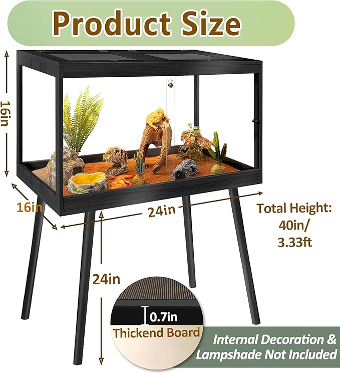 PROLEE Tempered Glass Reptile Enclosure with Leg,24“ Scratch-Proof Bearded Dragon Tank,28 Gallon Lizard Tank with Metal Mesh Tops and Lockable Door,Spacious Reptile Habitat for Snake,Tortoises (Black)