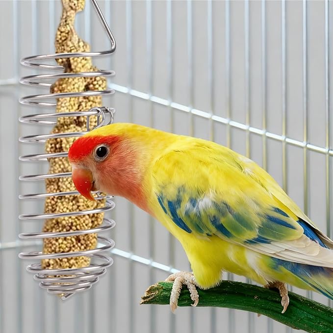 2pcs Bird Treats Holder, Stainless Steel Parrot Food Holder Hanging Basket Cage Accessories Bird Foraging Chew Toy Corn Cob Fruit Vegetable Millet Feeder for Macaw Cockatoo Parakeet Canary