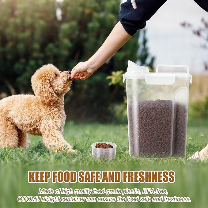 Airtight Cat Dog Food Storage Container 5-7lbs, 5 Liters Pet Dry Food Container with Large Pouring Spout, Cup and Seal Buckles, Travel Food Dispenser for Small Animals, Bird Seed, Puppy, etc.