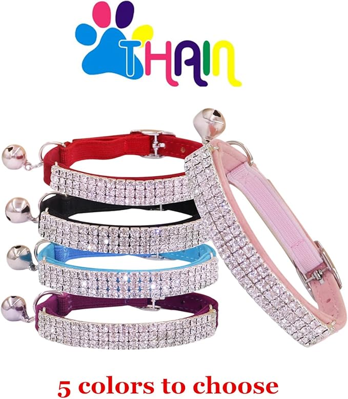 THAIN Rhinestones Cat Dog Collar Soft Velvet Safe Adjustable Collar Bling Diamante with Bells, 8-11 inch for Small Dogs and Cats (Red)