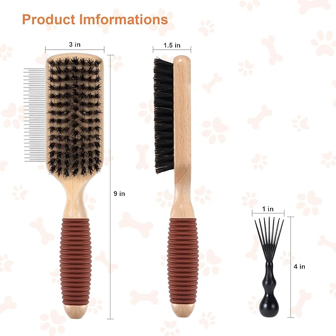 2 in 1 Pin and Boar Bristle Brush for Dogs & Cats, Shedding Grooming Dog Brush for Short Haired Dogs, Cats, Pets with Beech Wood Rubber Handle