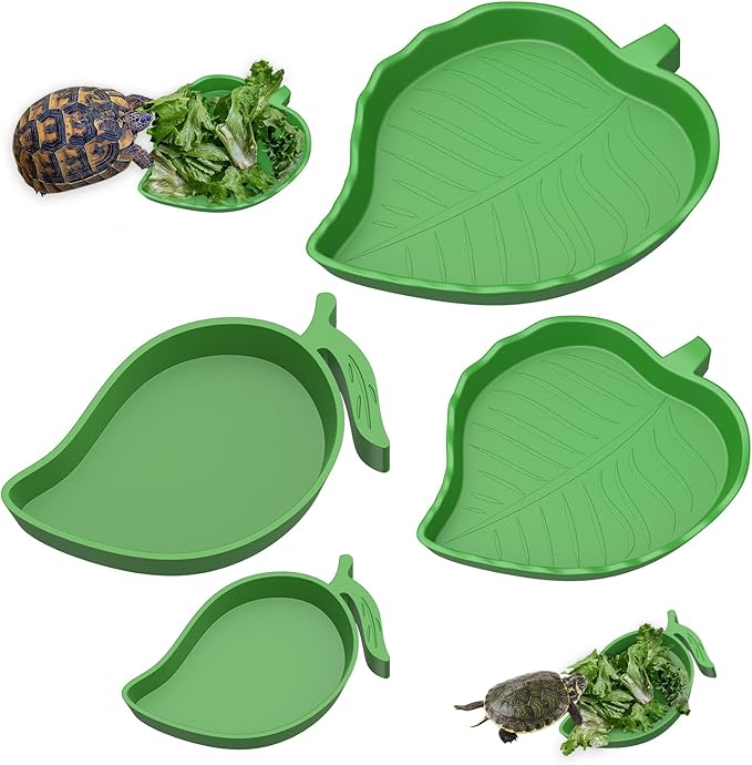 Pawfly 4 Pcs Reptile Water Bowl, Tortoise Water Dish, Food & Water Feeder, Cute Leaf & Mango Feeding Dish, Tortoise Habitat Accessories for Turtle, Gecko, Bearded Dragon & Lizard, 2 Styles