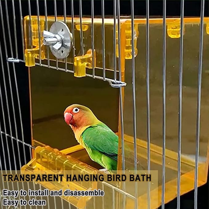kathson 2PCS Parrot Bath Box Hanging Bird Bathtub Tub Bath Acrylic No-Leakage Shower Box Bowl Cage Accessory for Small Pet Bird Parakeet Canary Cockatiels Budgies Lovebirds（Yellow）