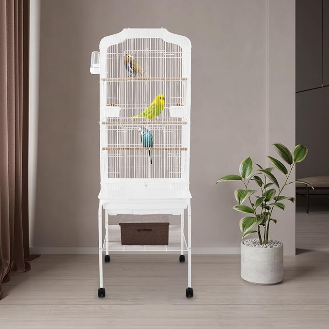 Extra Large Bird Cage, 54" Rolling Breeding Flight Bird Cages w/ 360° Wheels, Open Play Top Bird Cage with Detechable Stand for Parrots, Caiques, Macaw (White)