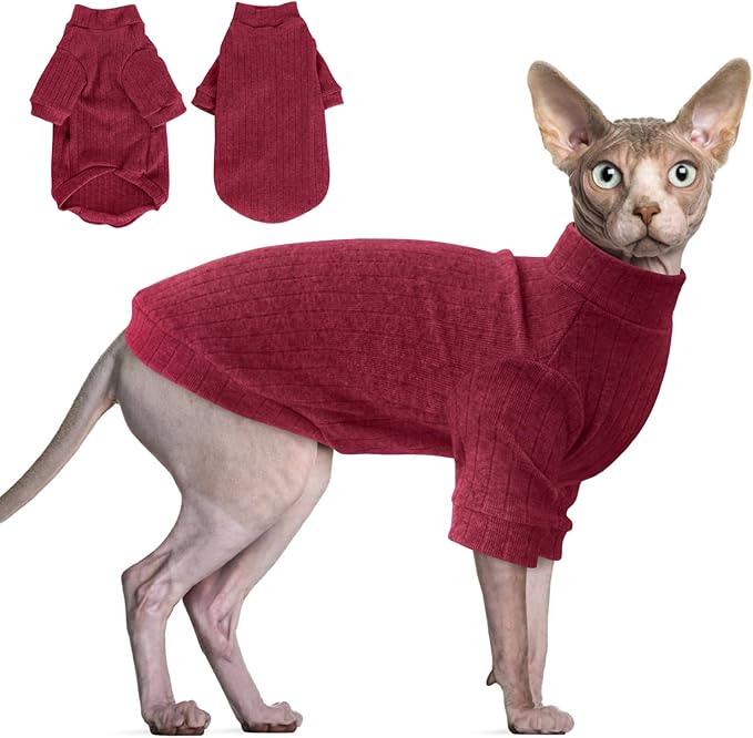 Idepet Sphynx Hairless Cats Sweater Shirt Kitten Soft Puppy Clothes Pullover Cute Cat Pajamas Jumpsuit Cotton Apparel Pet Winter Turtleneck for Cats and Teacup Chihuahua Small Dogs(Red,L)
