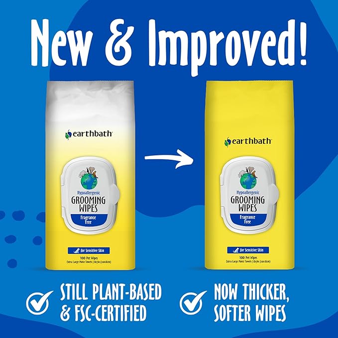 earthbath, Hypo-Allergenic Grooming Wipes - Fragrance Free Dog Wipes for Paws and Butt, Best Pet Wipes for Dogs with Sensitive Skin, Made in USA, Cruelty-Free Dog Cleaning Wipes - 100 Count (6 Pack)