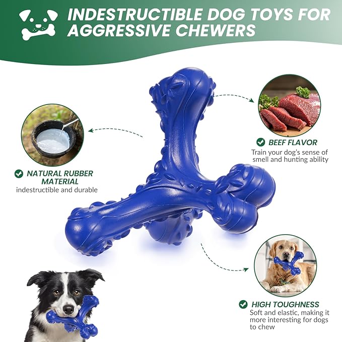 Dog Chew Toys for Aggressive Chewers Large Breed,Indestructible Bones Toy，Durable Cleaning Toothbrush Natural Rubber Dog Toys… (Deep Blue)
