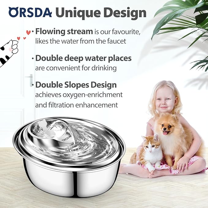 ORSDA Cat Water Fountain Stainless Steel, 3L Automatic Pet Drinking Fountain for Cats Inside, Dog Water Dispenser with Adjustable Water Flow and 6 Replacement Filters for Cats, Dogs