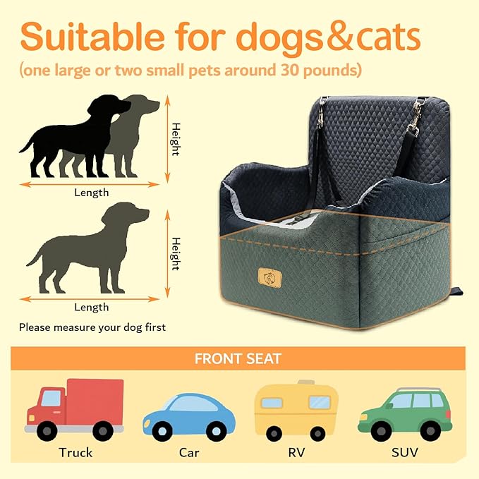 Memory Foam Dog Booster Seat Under 35 lbs, Medium Dog Car Seat, Comfortable Hi-Density Sponge Car Bed for Small/Medium Pets,Detachable and Washable Pet Travel Bed with 2 Adjustable Safety Belt