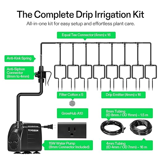 VIVOSUN Automatic Drip Irrigation Kit, Smart Watering System with 16 Drip Emitters, 4mm Fast Flow, App-Controlled A10 GrowHub, Quiet 15W Pump, Anti-Siphon & Filtered for Indoor & Outdoor Plants