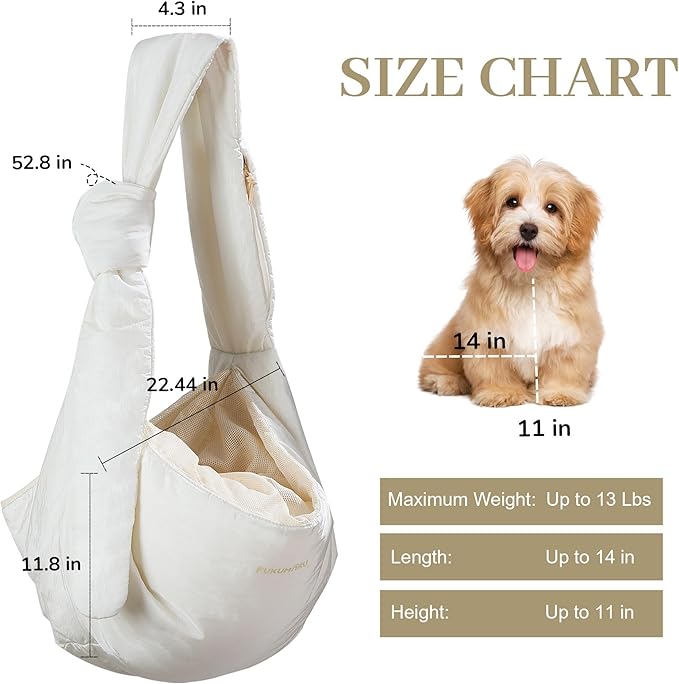 FUKUMARU Dog Sling, DIY Strap Puppy Carrier Sling for 5-12lbs Small Dogs, Ultralight Cat Travel Purse with Mesh Bag, Pets Papoose Carrier Foldable and Machine Washable, 22.44 * 16.9 * 11.8inch(Cream)