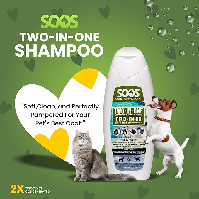 Soos Pet Dog Shampoo and Conditioner for Cats and Pets Natural Dead Sea Minerals Two-in-One Deeply Absorbing with Essential Oils Natural Ingredients Vitamins Antifun-gle - 1x Pack (500ml)