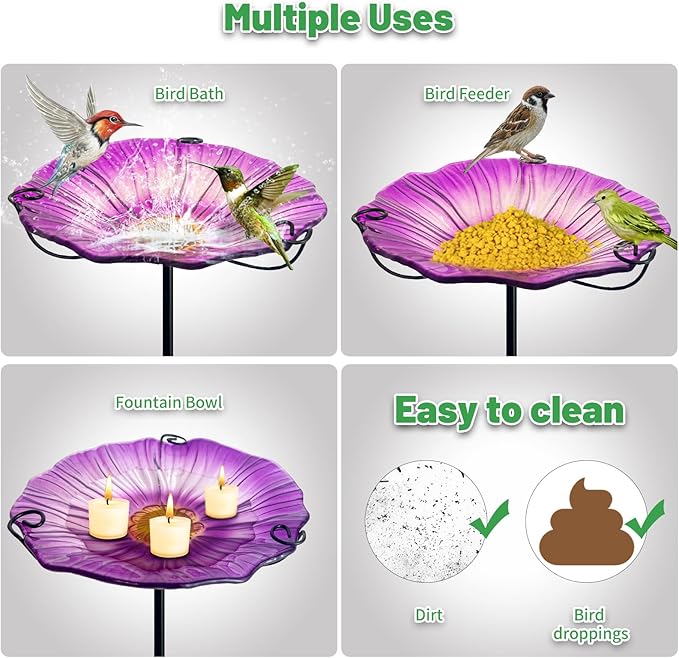 HONGLAND 29 Inch Height Bird Baths for Outdoors, Glass Birdbaths Outdoor Birdfeeder Flower Pattern with Metal Stake-Purple