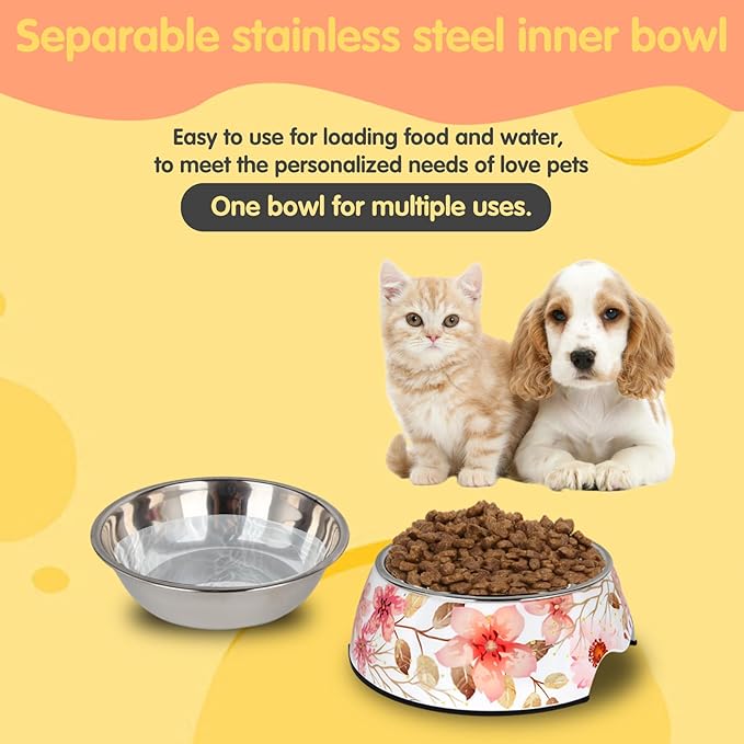 Pet Cats Dogs 2 in 1 Food Water Bowls - Non Slip Skid Proof Heavy Duty Pet Cats Dog Food Water Bowls for Feeding Drinking Small Medium Large Dogs Cats Puppies (Pink Flower, M:14 OZ)