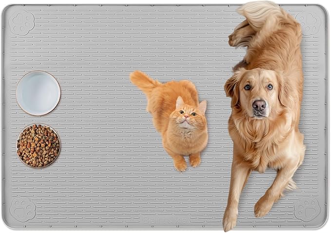 Cat Food Mat, 34" x 22" Large Silicone Pet Feeding Mat for Food and Water Bowls Non-Slip, Easy to Clean (Light Grey)