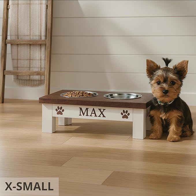 GrooveThis Woodshop Luxury Pet Feeder - Elevated Stand with Stainless Steel Bowls for Small Dogs & Cats, Anti-Slip, Easy Clean, Chic & Durable Design (X-Small, Dark Walnut)