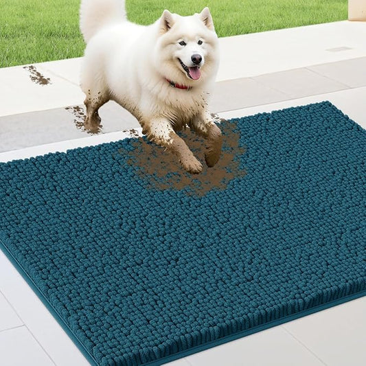 IM HOME 36" x 24" Teal Blue Dog Door Mats for Muddy Paws, Chenille Absorbent Dog Mat, Non Slip Heavy Mud Mat for Dogs, Soft Pet Bed Mat for Entryway, Mud Paws, Inside Floor
